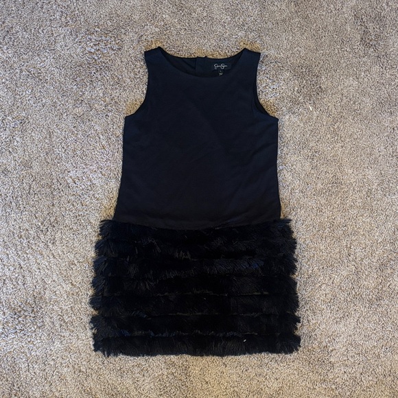 Girls Chic Black Sleeveless Dress with Faux Fur Detail - Picture 1 of 3